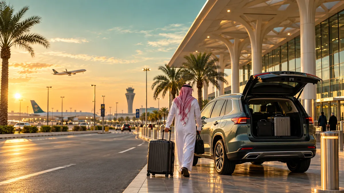 Rental car pickup at a modern Saudi airport