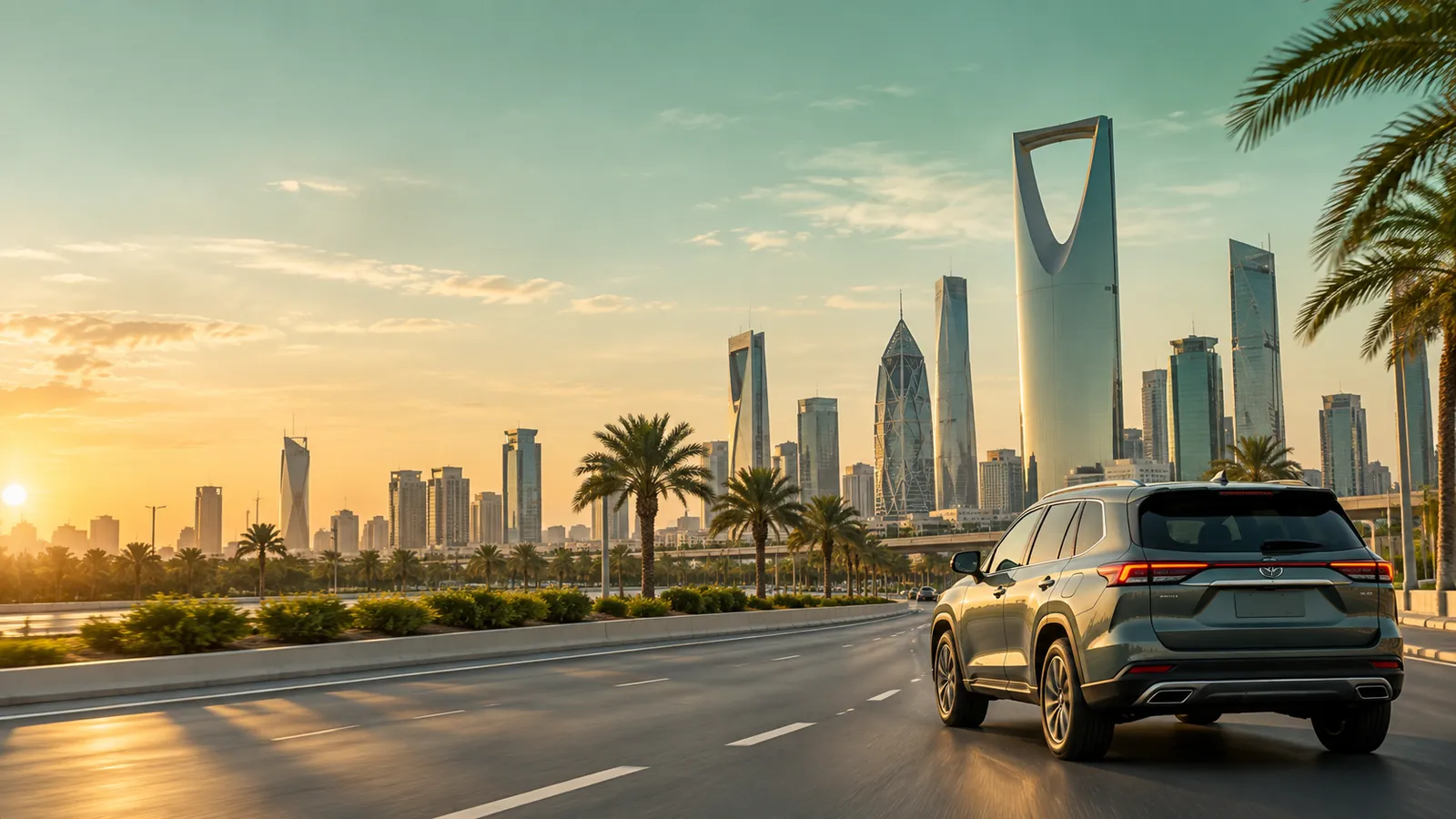 Modern Riyadh road with a rental car and city skyline at golden hour