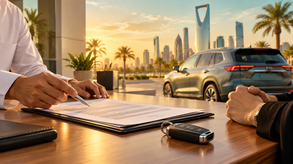 Rental documents and car key during a vehicle handover in Saudi Arabia