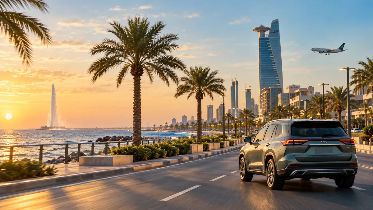 Rental car driving along Jeddah Corniche at golden hour