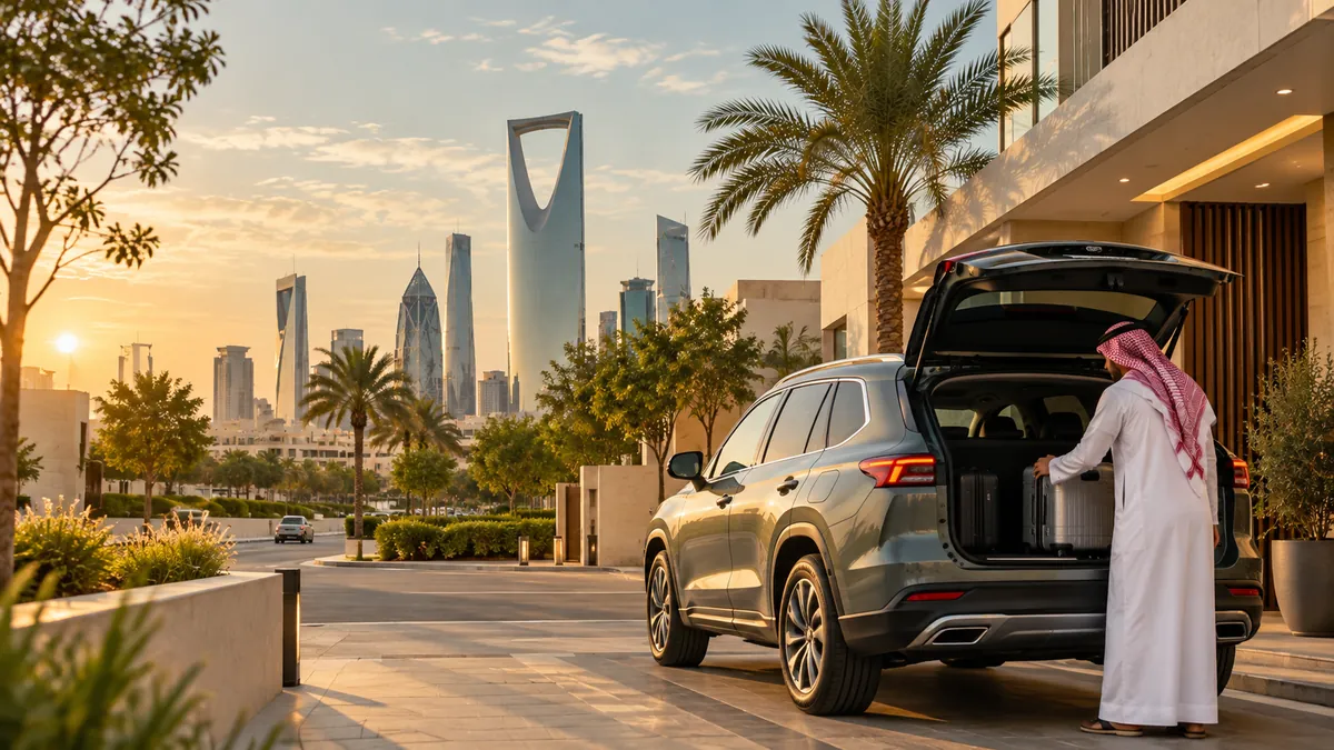 Long-term rental car outside modern buildings in Saudi Arabia