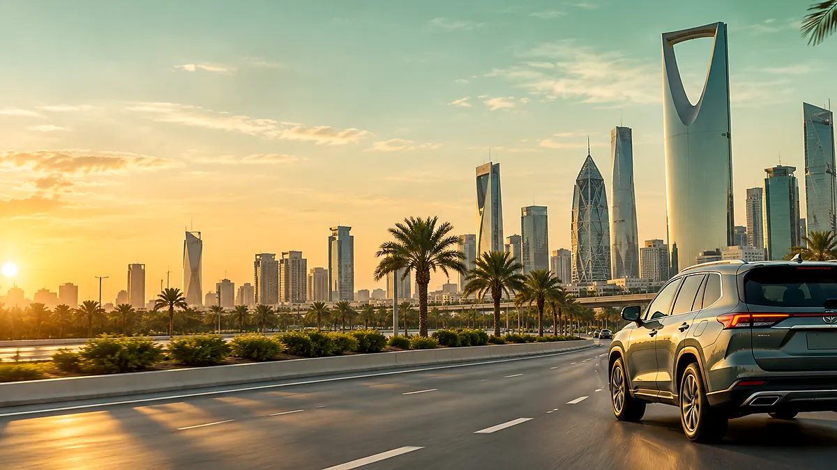 Rental car on a long-distance road trip in Saudi Arabia